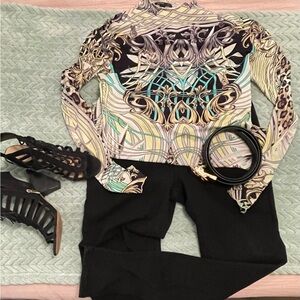Colorful Patterned Long Sleeve Top with Black Pants